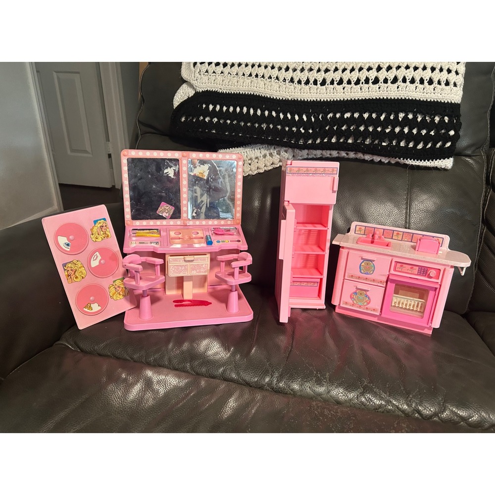 Vintage 1991 Mattel Barbie Furniture Lot Kitchen Fridge Stove Salon Vanity Pink